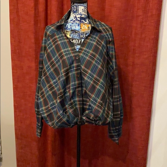 SHEIN Tops - Drop Shoulder Curved Hem Tartan Oversize Blouse